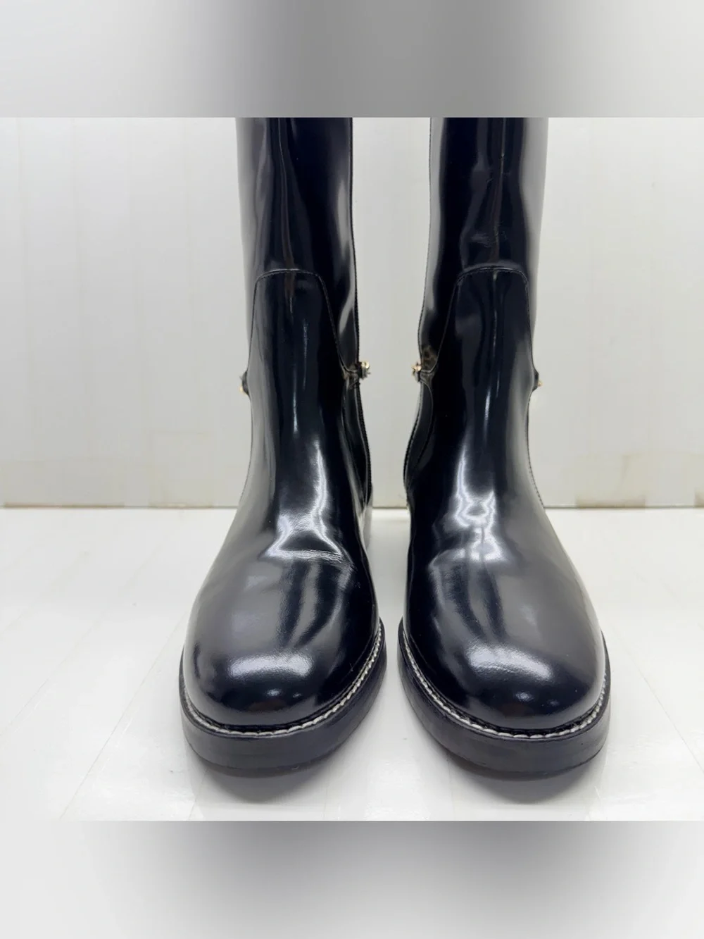NEW L’Agence Black Patent Knee-High Boots with Gold Chain Accent, Size 7.5